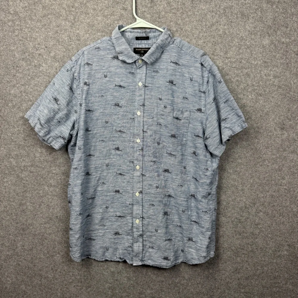 Banana Republic Mens XL Blue Linen Cotton Shark Print Slim Fit Button Down Shirt